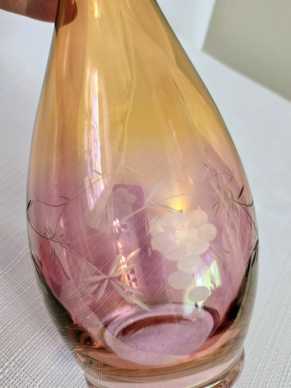Vtg Cranberry Amber Ombre Vase Cut To Clear Etch 11.25